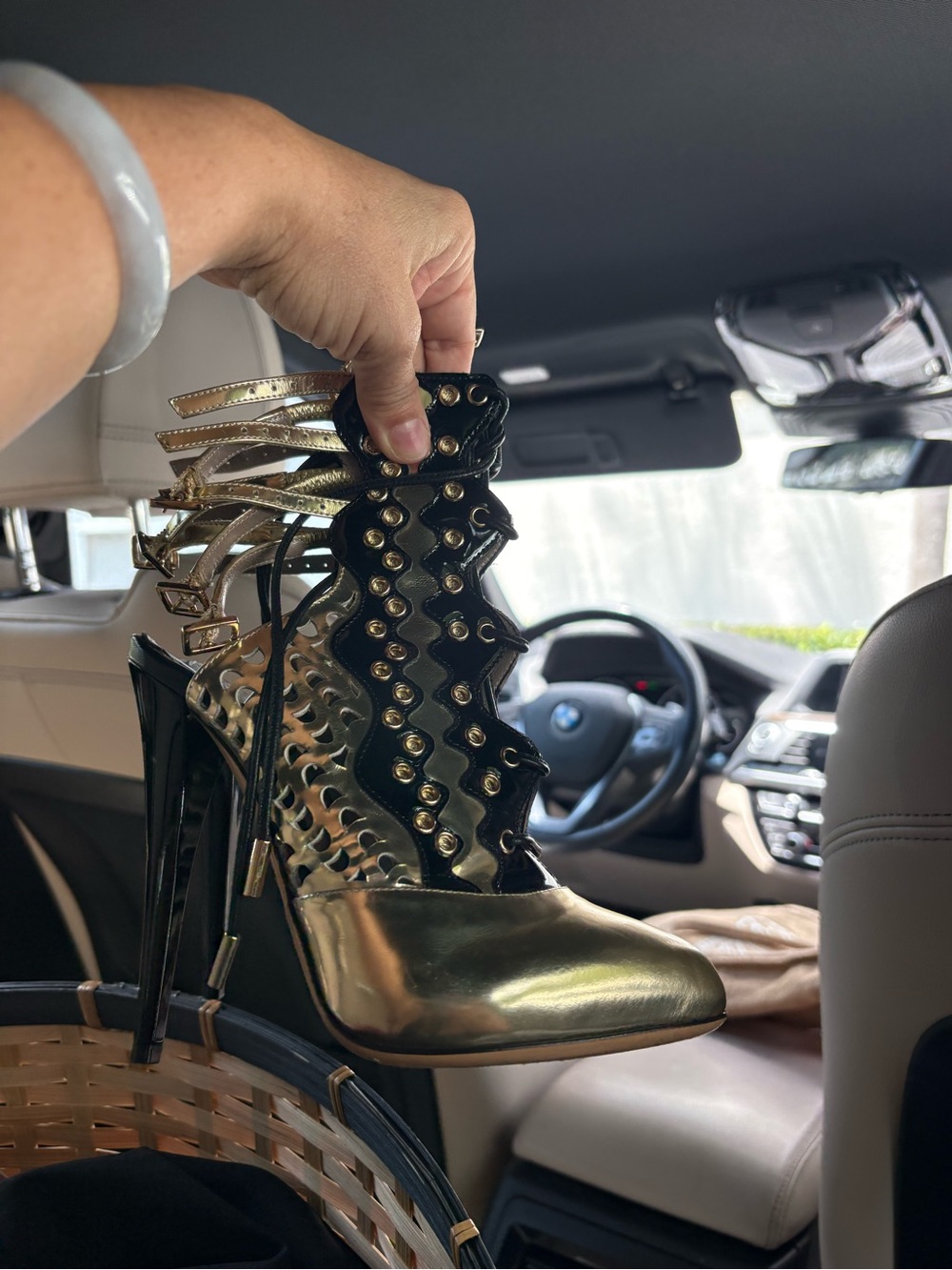 Gold and Black Lace-Up High Heel Ankle Booties